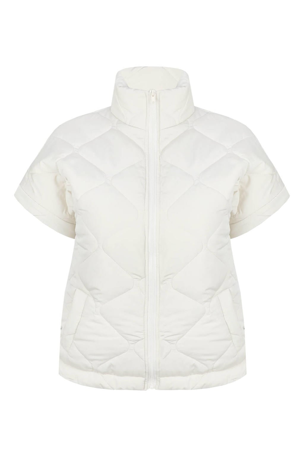 Zandkleurige dames Exxcellent quilted bodywarmer Plus Size van polyester met effen, korte mouwen, opstaande kraag, ritssluiting en doorgestikte details