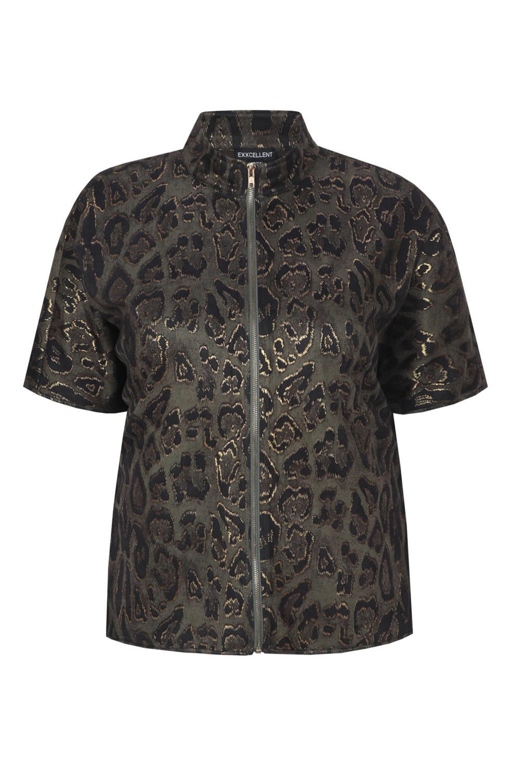 Olijfgroen en zwarte dames Exxcellent jacket Plus Size van polyester met panterprint, half lange mouwen, opstaande kraag, ritssluiting en glimmend detail