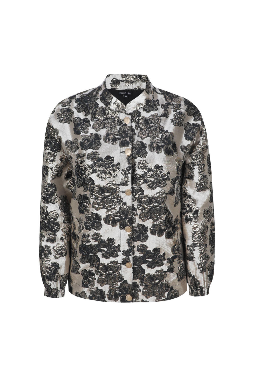 Multi, zand en zwarte dames Exxcellent gebloemde jacket Plus Size meerkleurig van polyester met lange mouwen, opstaande kraag, drukknoopsluiting en glimmend detail