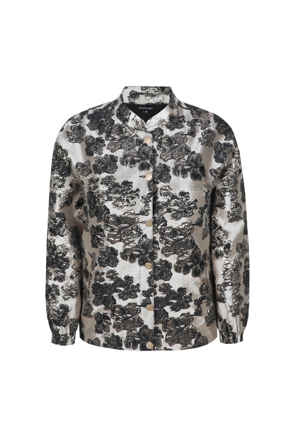 Multi, zand en zwarte dames Exxcellent gebloemde jacket Plus Size meerkleurig van polyester met lange mouwen, opstaande kraag, drukknoopsluiting en glimmend detail