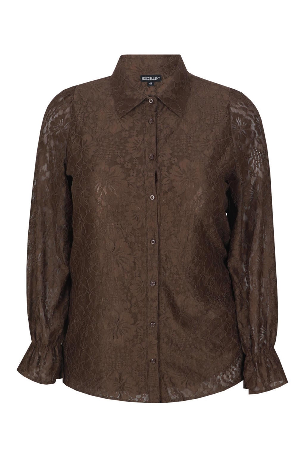 Bruine dames Exxcellent kanten gebloemde semi-transparante blouse Plus Size met lange mouwen, klassieke kraag en knoopsluiting