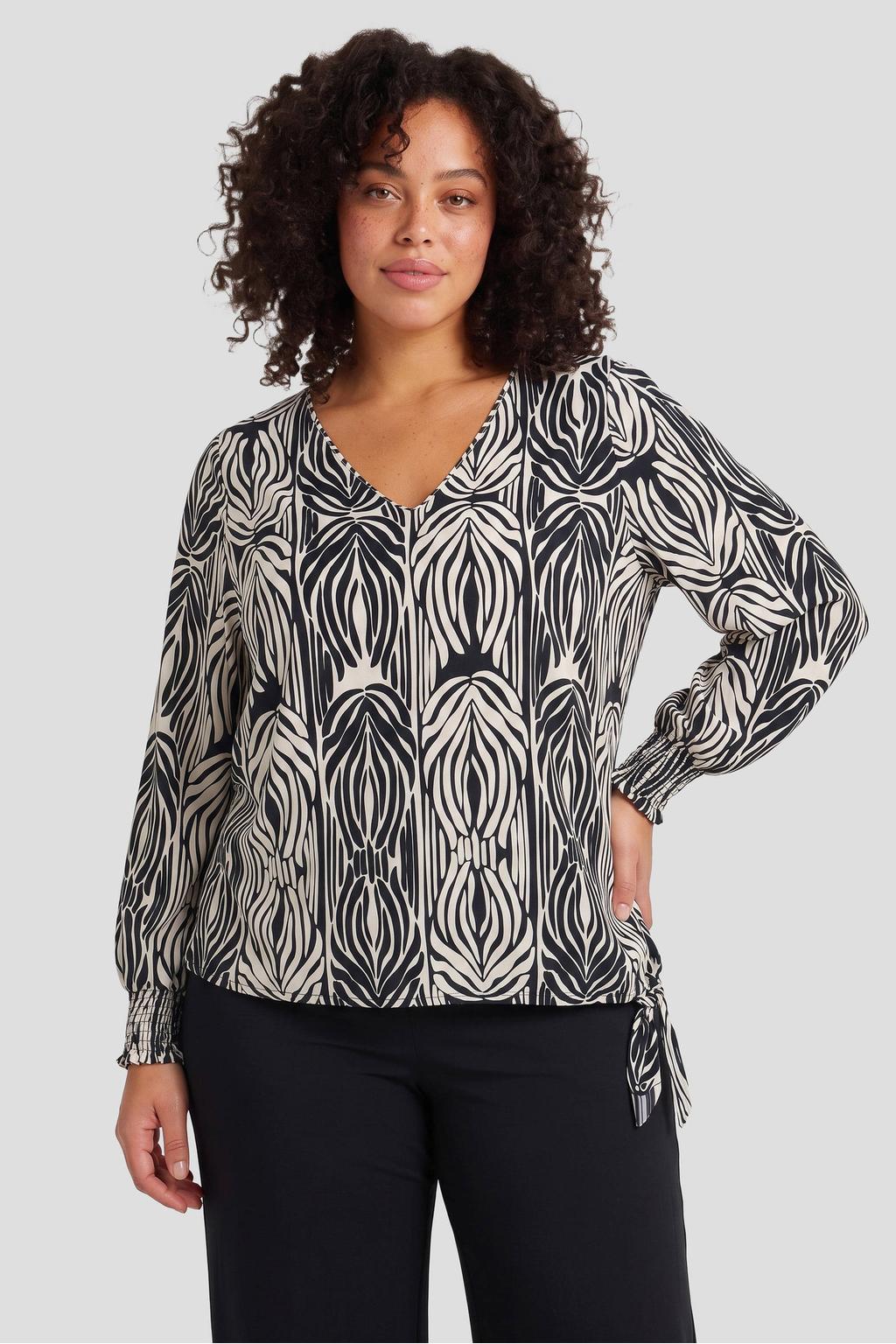 Multi, zand en zwarte dames Exxcellent top Plus Size en print meerkleurig met lange mouwen en elastische boord
