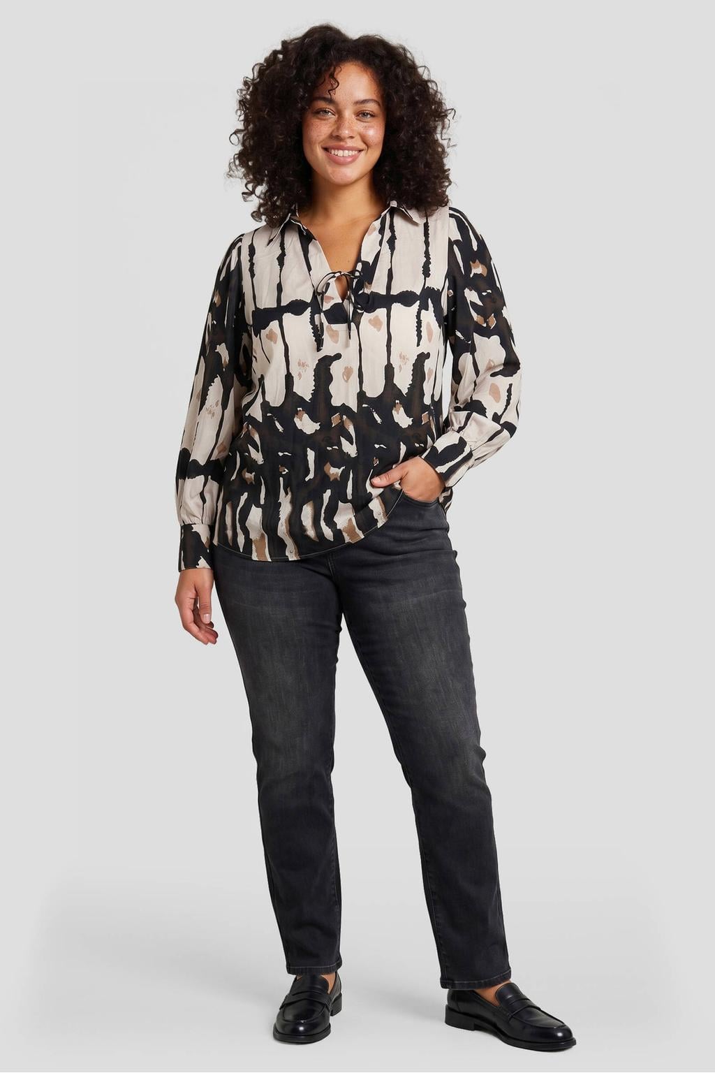 Exxcellent blousetop met print Plus Size - bruin
