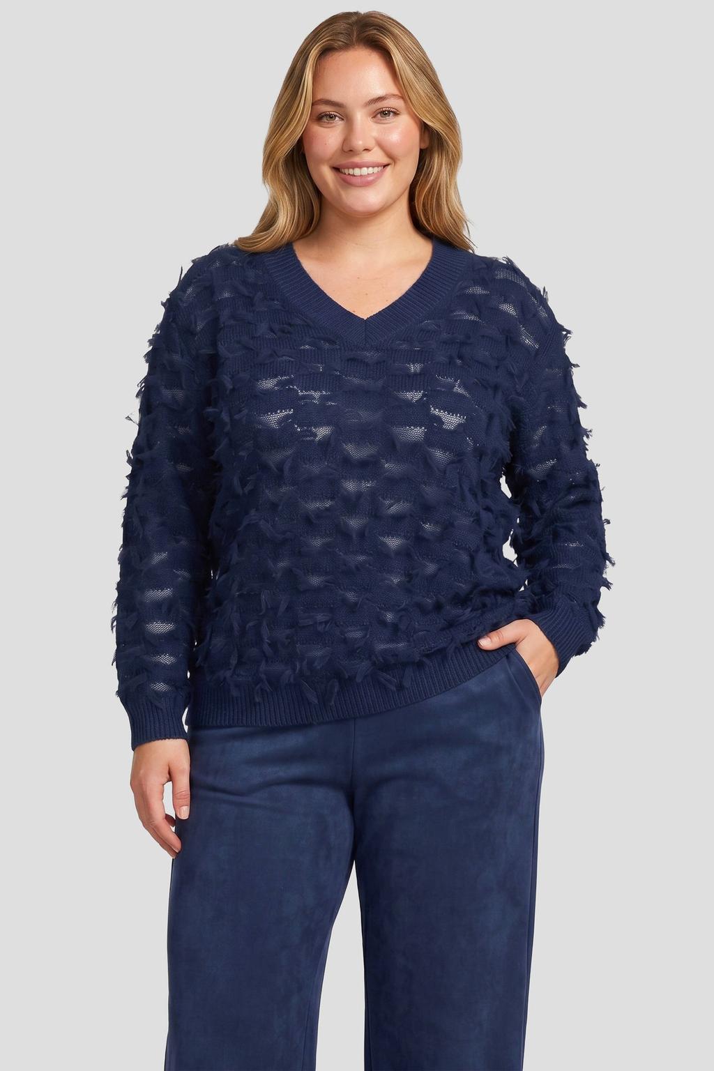Donkerblauwe dames Exxcellent semi-transparante pullover en wol Plus Size van acryl met lange mouwen en rafels