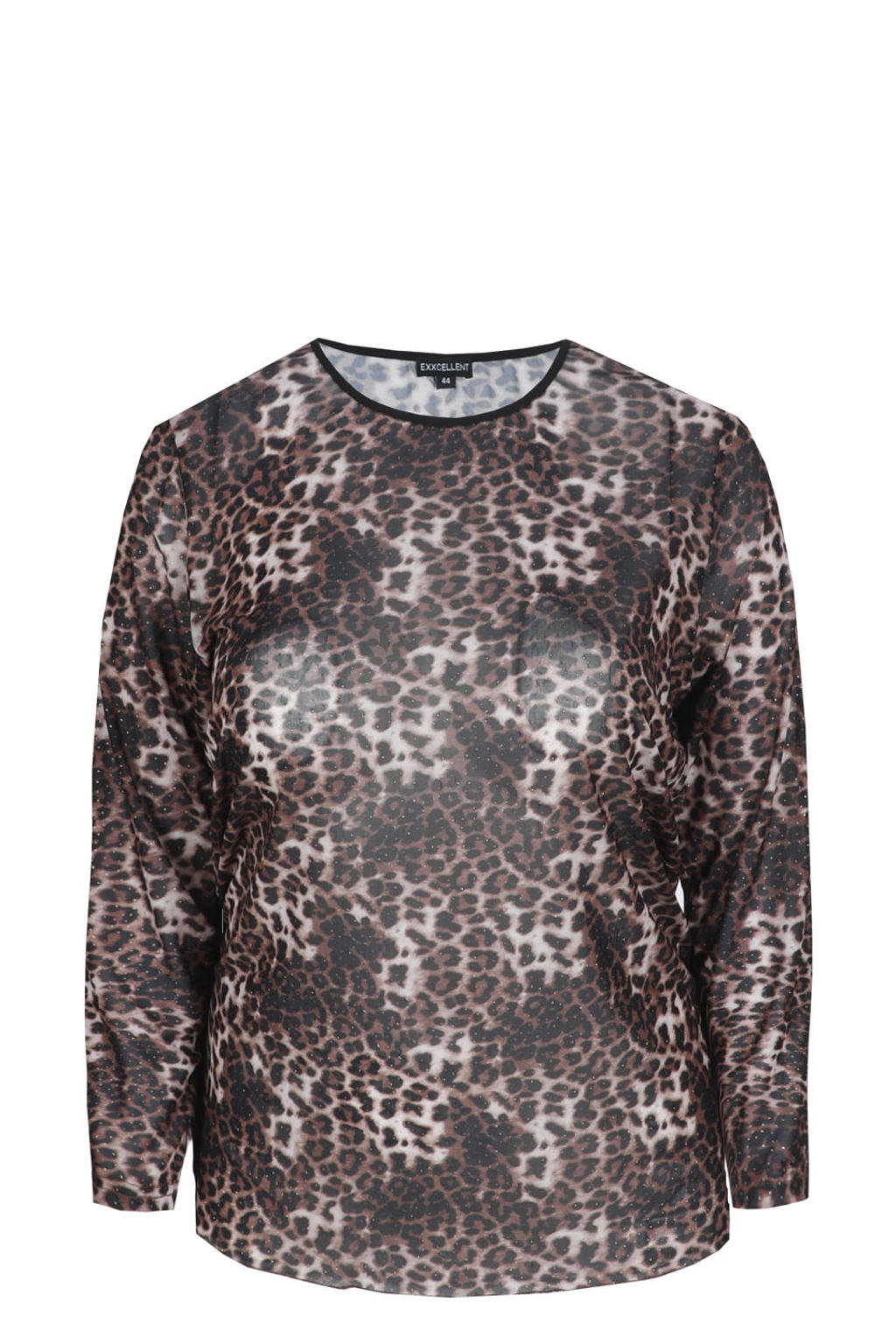 Multi, zand en bruine dames Exxcellent top Plus Size meerkleurig van polyamide met panterprint en lange mouwen