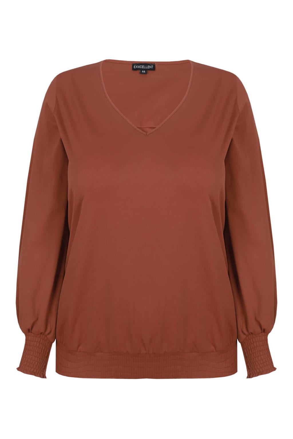 Terracottakleurige dames Exxcellent top Plus Size van polyamide met effen, lange mouwen en elastische boord