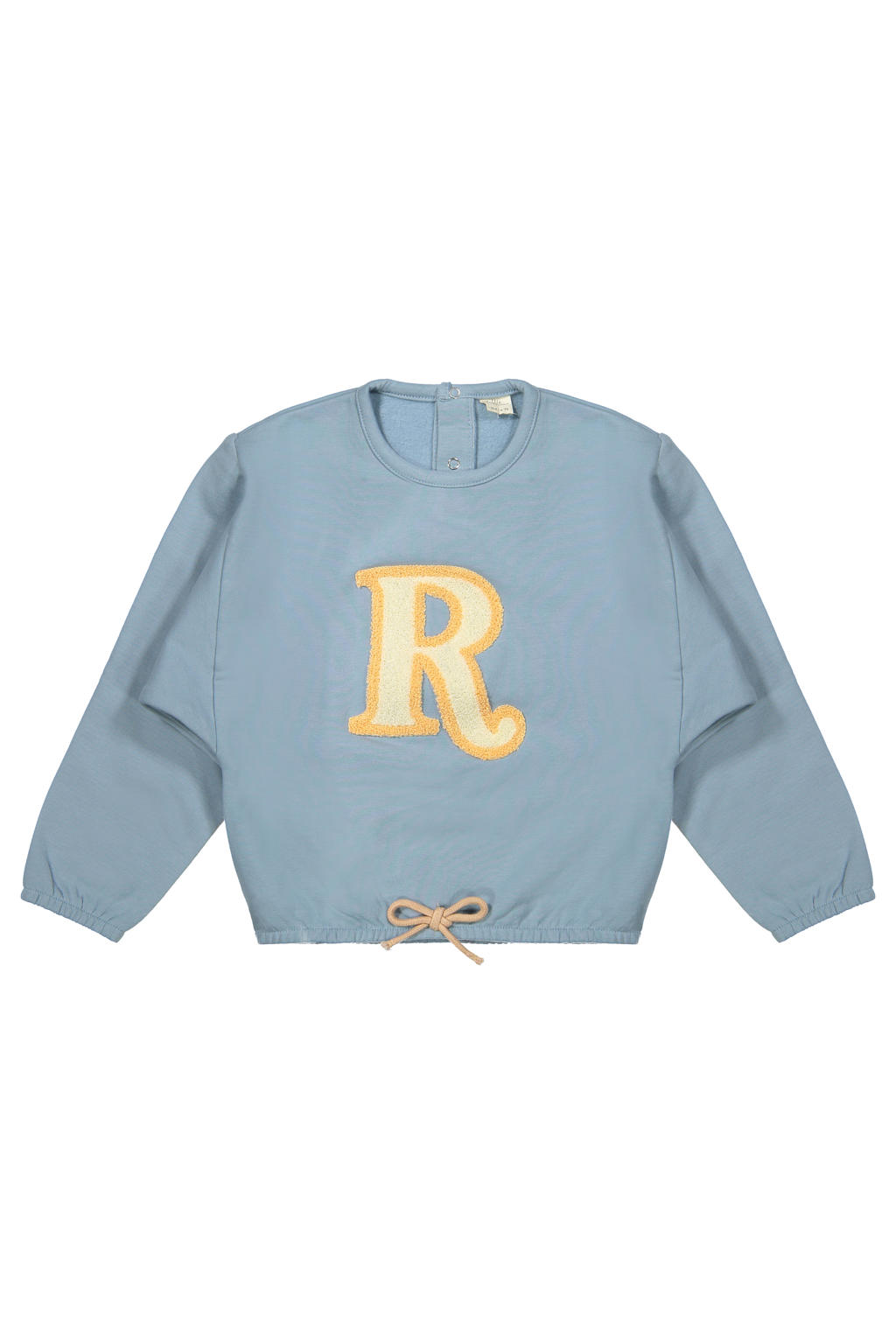 Lichtblauwe meisjes Riffle Amsterdam sweater met printopdruk, lange mouwen, ronde hals en 3D applicatie