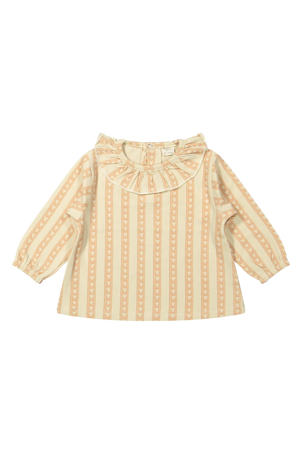 Roze en ecru meisjes Riffle Amsterdam gestreepte blousetop en hartjes met lange mouwen, ronde hals, knoopsluiting en volant