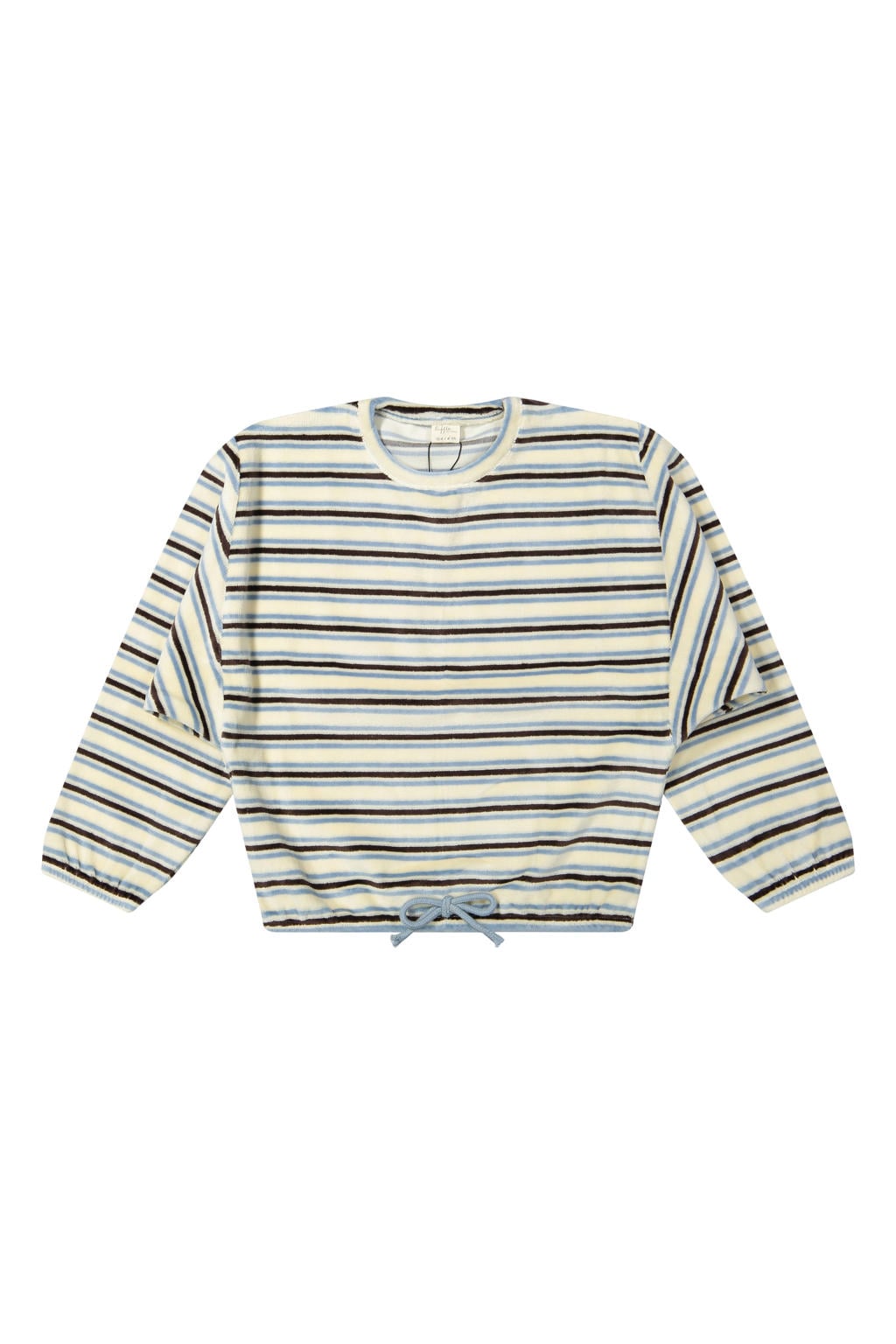 Ecru, bruin en lichtblauwe meisjes Riffle Amsterdam fluwelen gestreepte sweater met lange mouwen, ronde hals en tunnelkoord