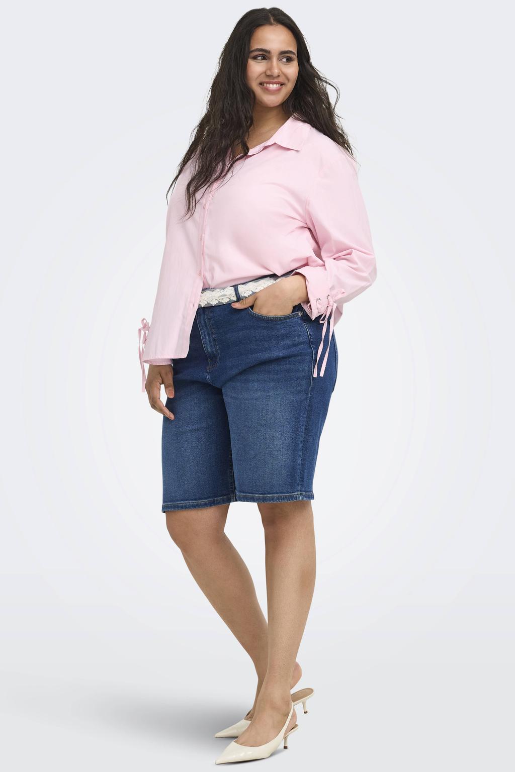 Lichtroze dames ONLY CARMAKOMA top Plus Size van polyester met effen, lange mouwen en geweven detail
