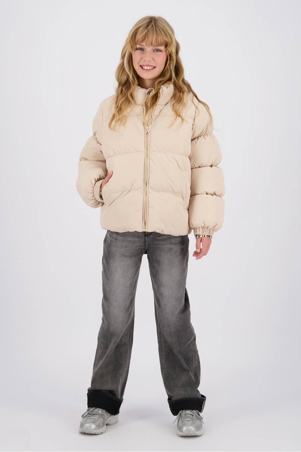 Beige meisjes Raizzed gewatteerde winterjas van polyester met effen, lange mouwen, opstaande kraag en ritssluiting