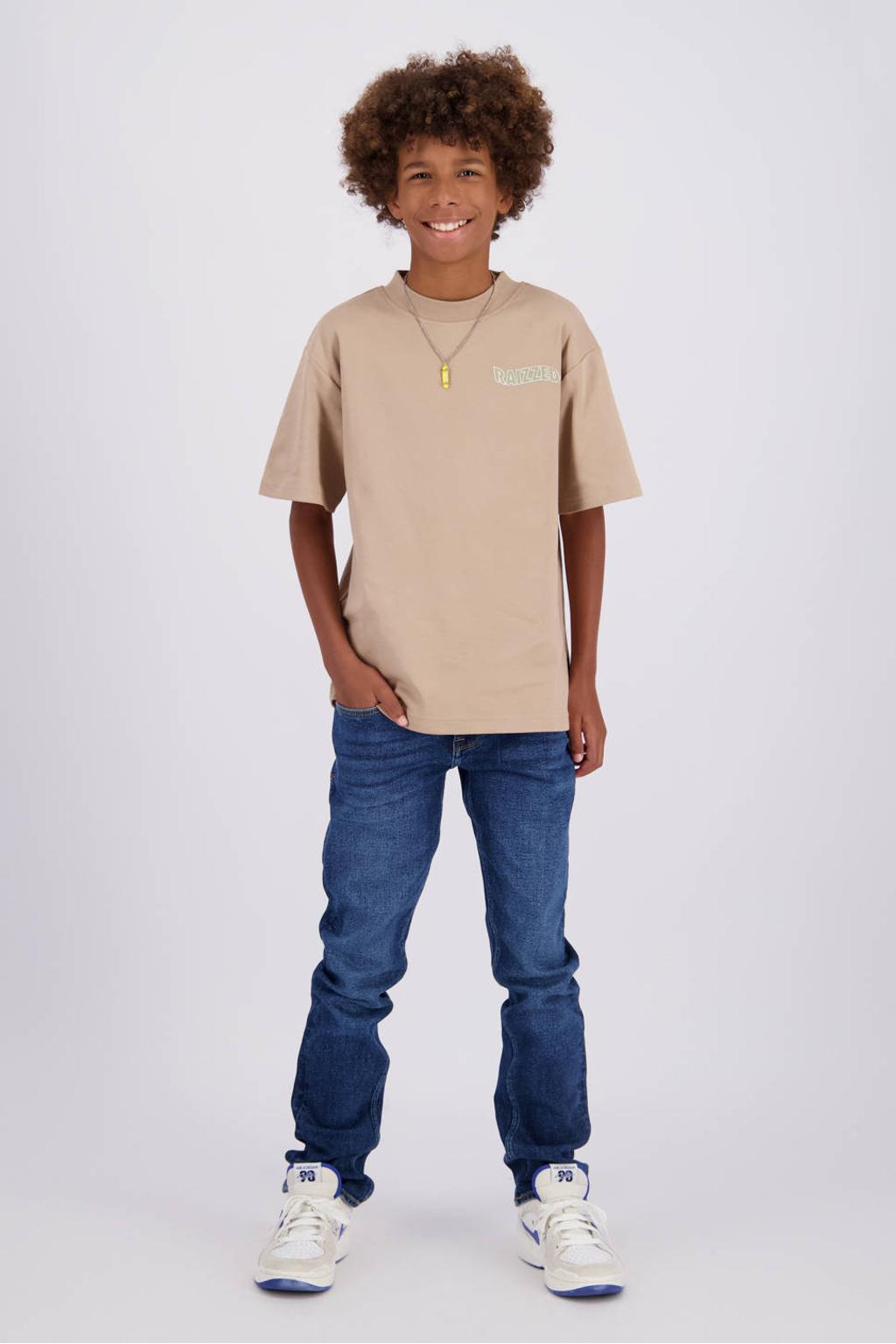 Bruine jongens Raizzed T-shirt van katoen met backprint, korte mouwen en ronde hals