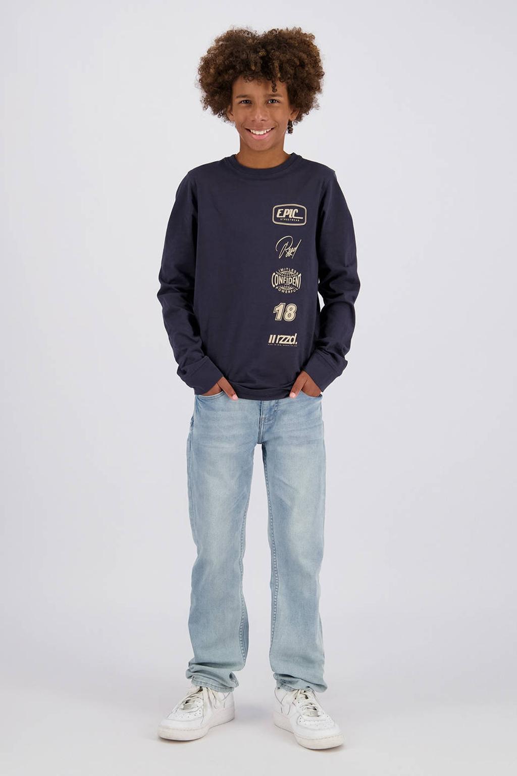 Donkerblauwe jongens Raizzed longsleeve van katoen met tekst print, lange mouwen en ronde hals