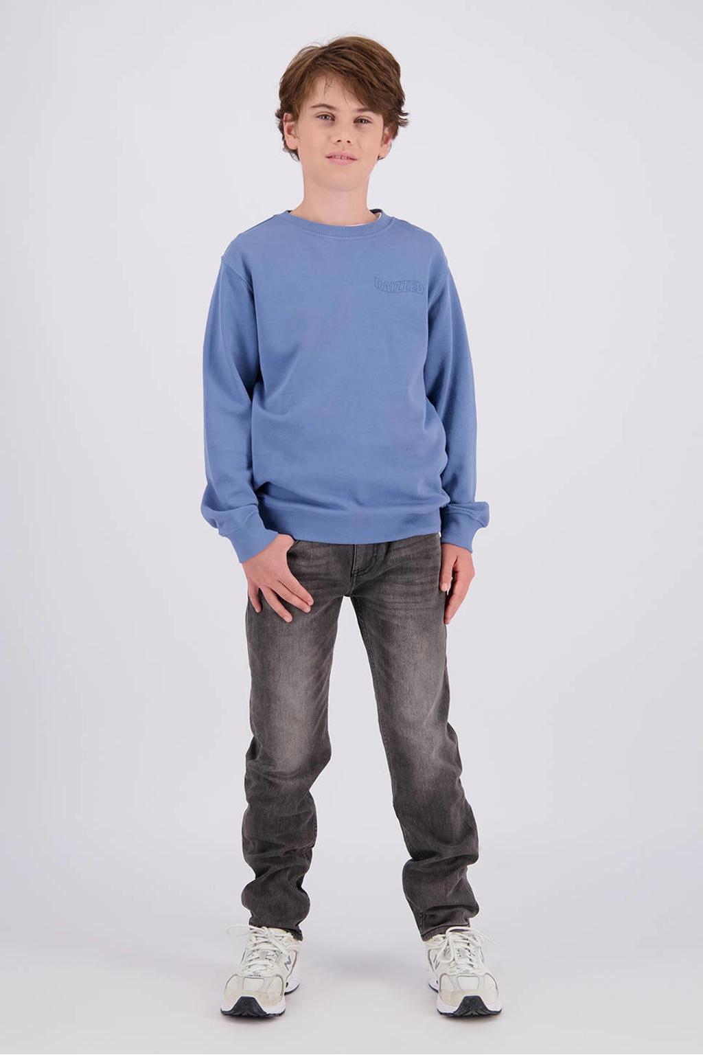 Blauwe jongens Raizzed sweater met logo dessin, lange mouwen en ronde hals