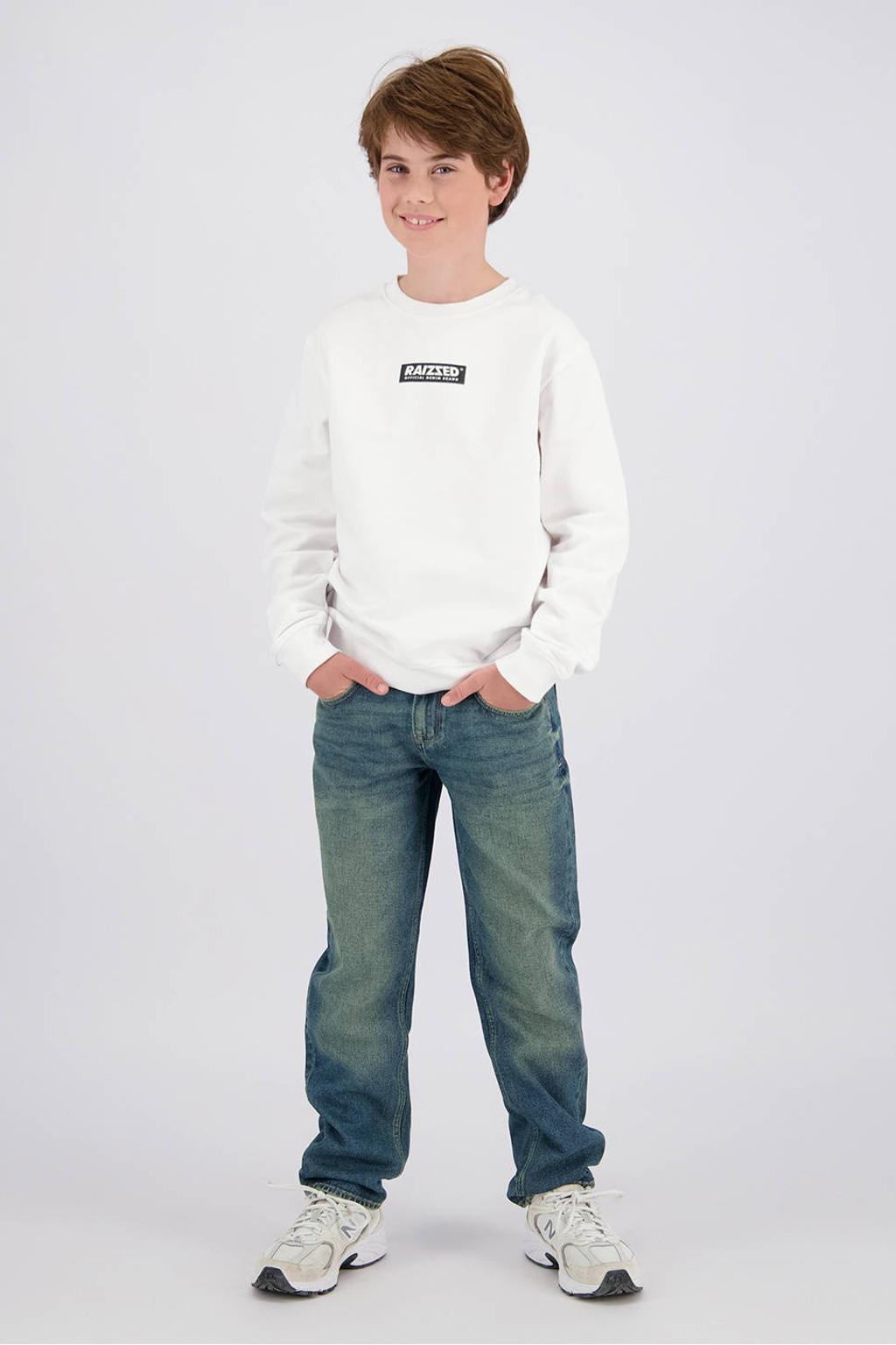 Witte jongens Raizzed sweater met logo dessin, lange mouwen, ronde hals en geribde boorden
