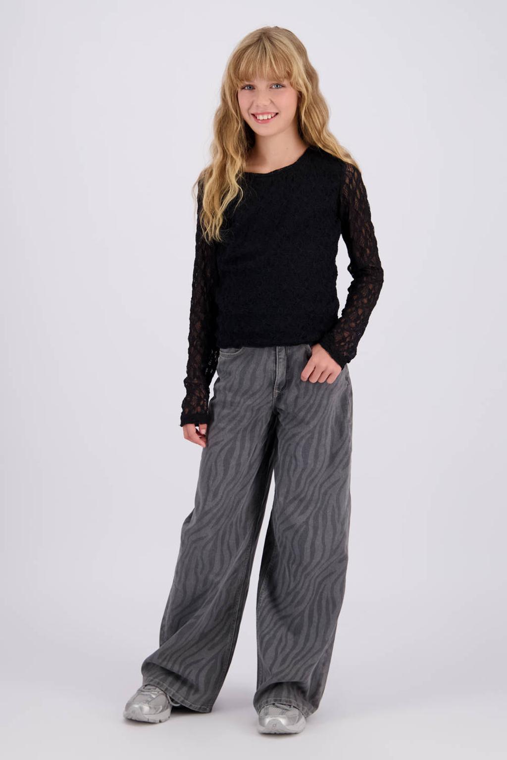 Zwarte meisjes Raizzed longsleeve van polyester met effen, lange mouwen, ronde hals en open breisel