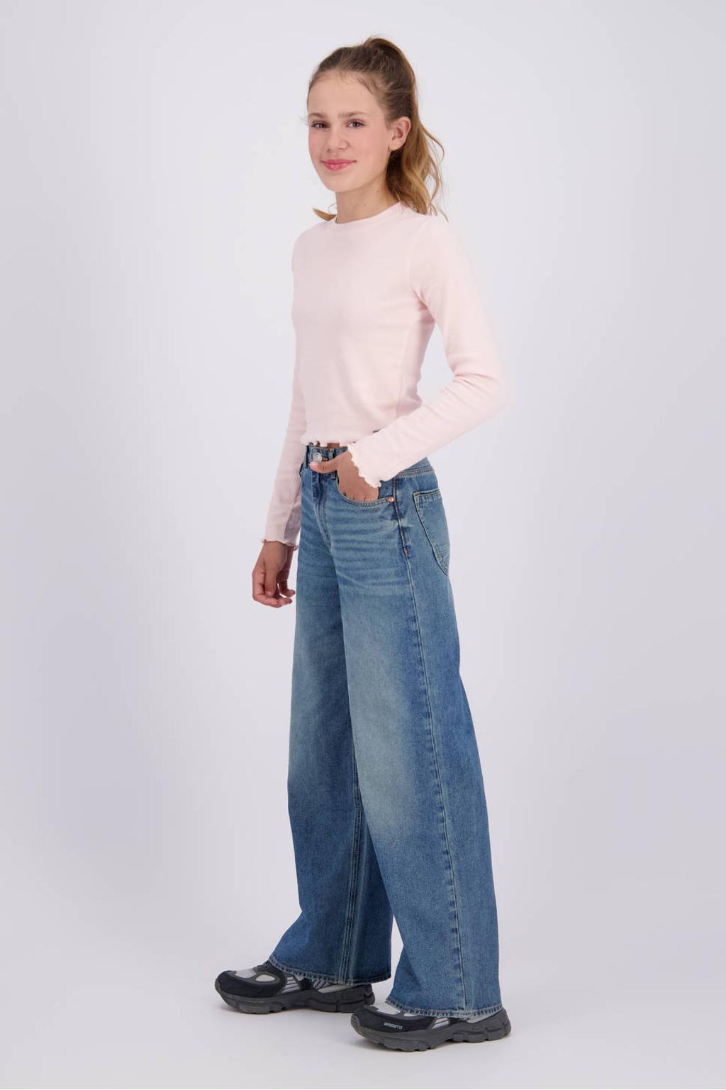 Roze meisjes Raizzed longsleeve van stretchkatoen met effen, lange mouwen, ronde hals en golvende afwerking