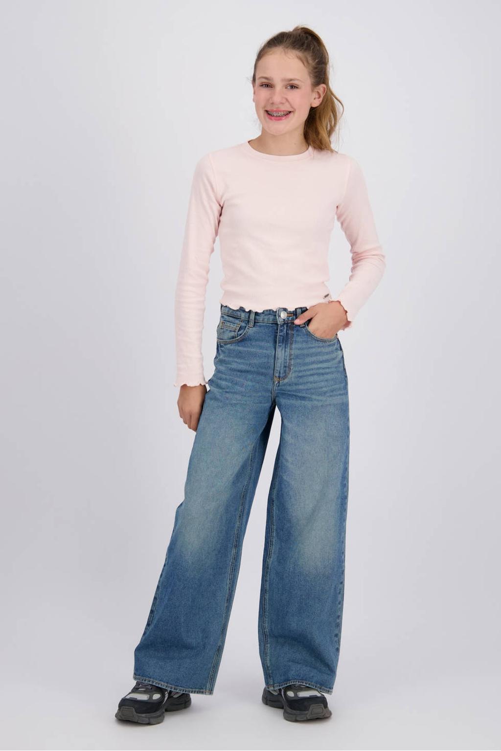 Medium blue denim meisjes Raizzed Monaco wide leg jeans mediumblauw van denim met rits- en knoopsluiting en effen