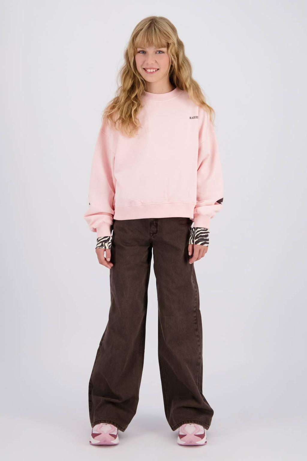 Bruine meisjes Raizzed Monaco Color wide leg jeans van denim met rits- en knoopsluiting en effen