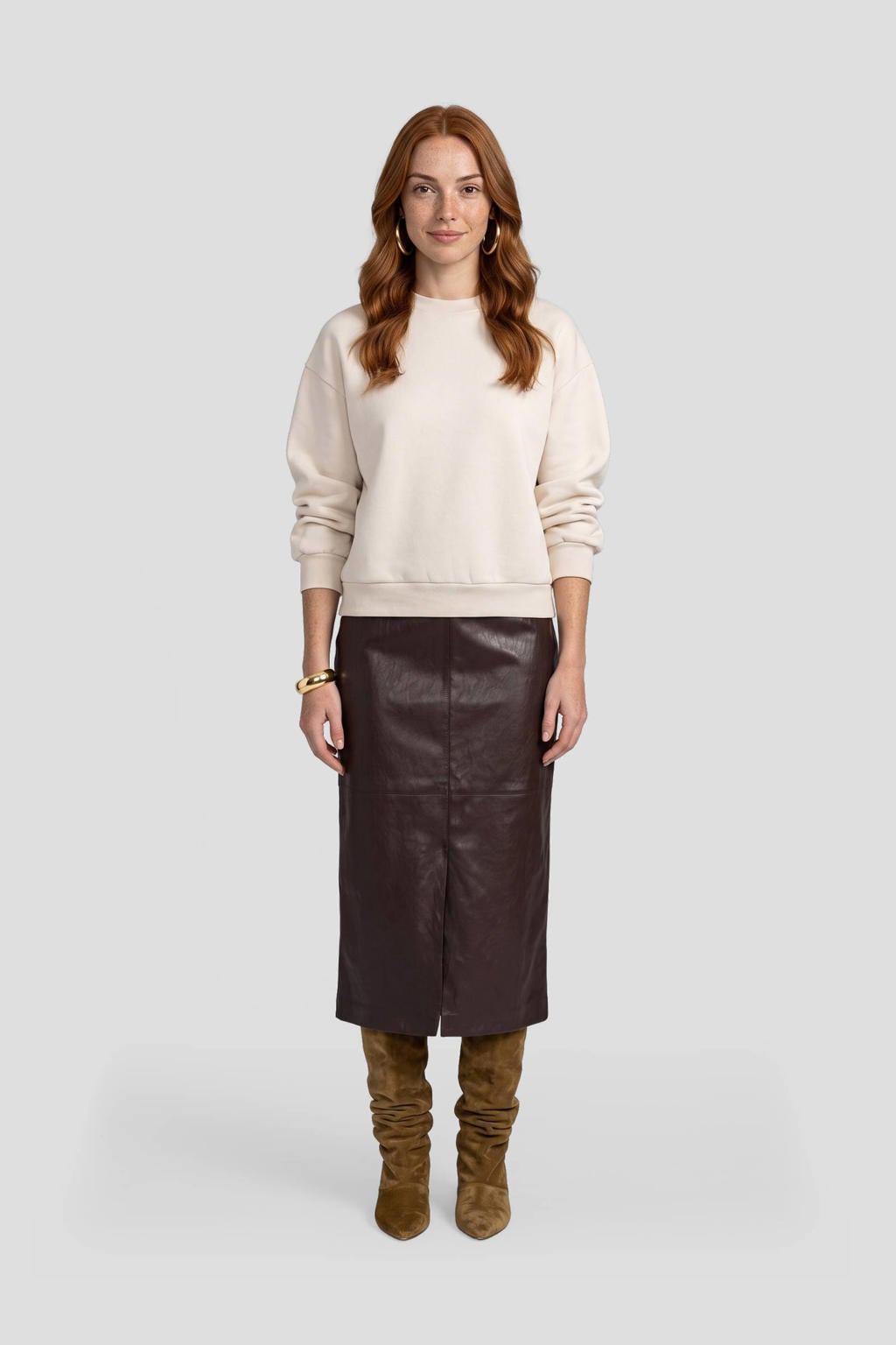 Crème dames Ruby sweater met effen, lange mouwen, ronde hals en geribde boorden