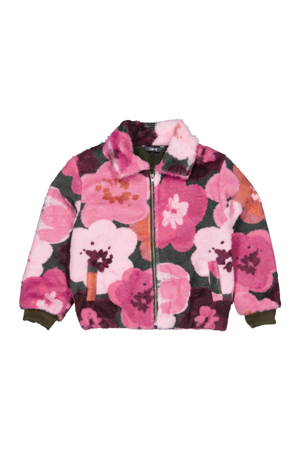Roze meisjes QPI van polyester met bloemenprint, lange mouwen, klassieke kraag en ritssluiting
