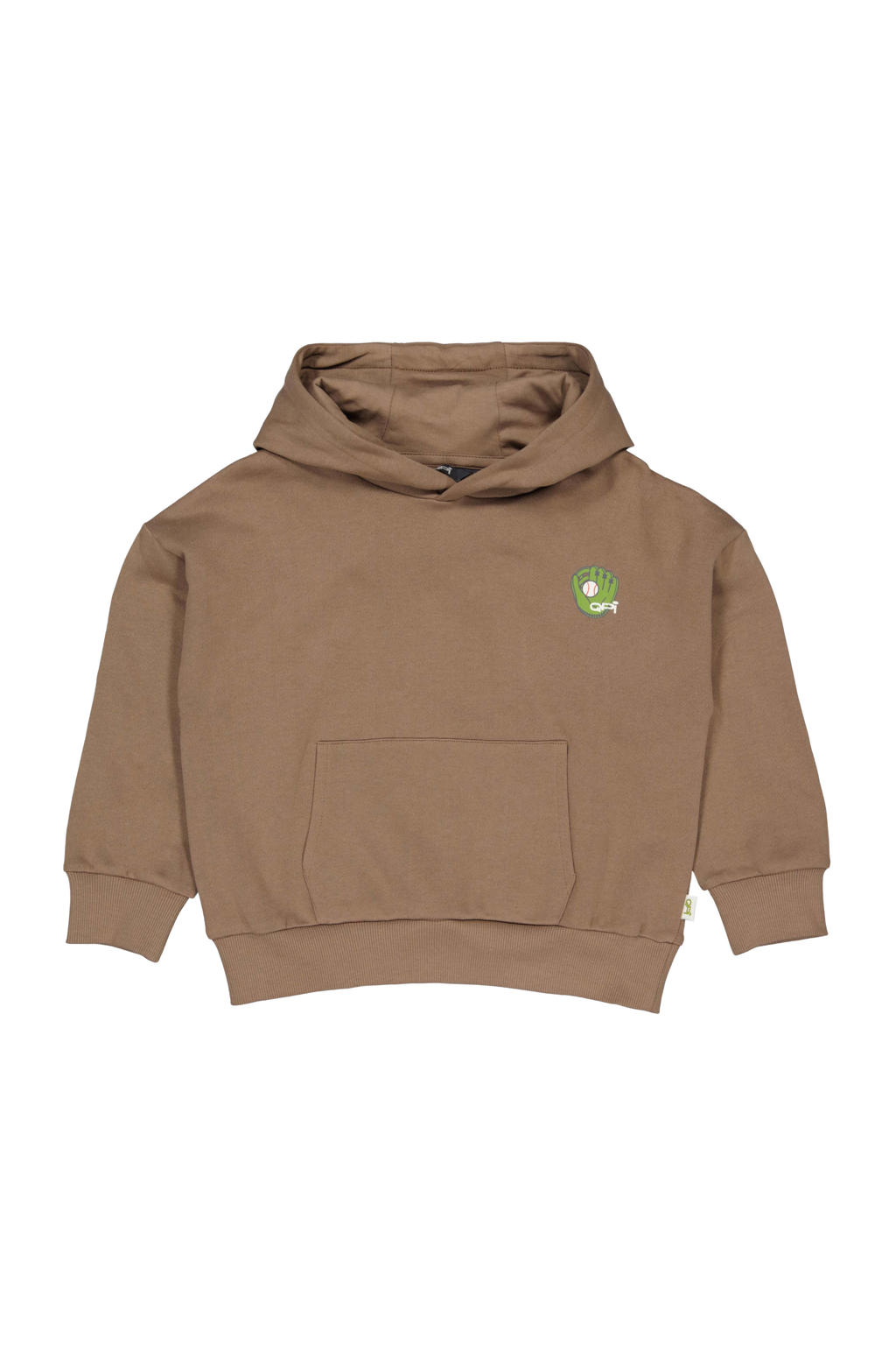 Bruine jongens QPI hoodie van sweat materiaal met backprint, lange mouwen en capuchon