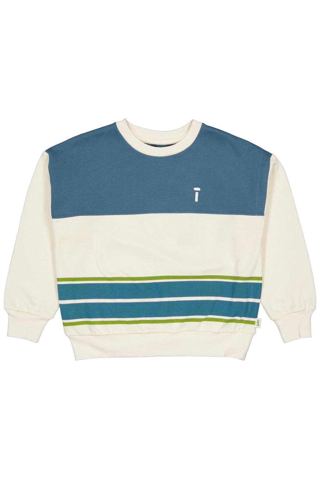 Blauw en ecru jongens QPI gestreepte sweater met lange mouwen en ronde hals