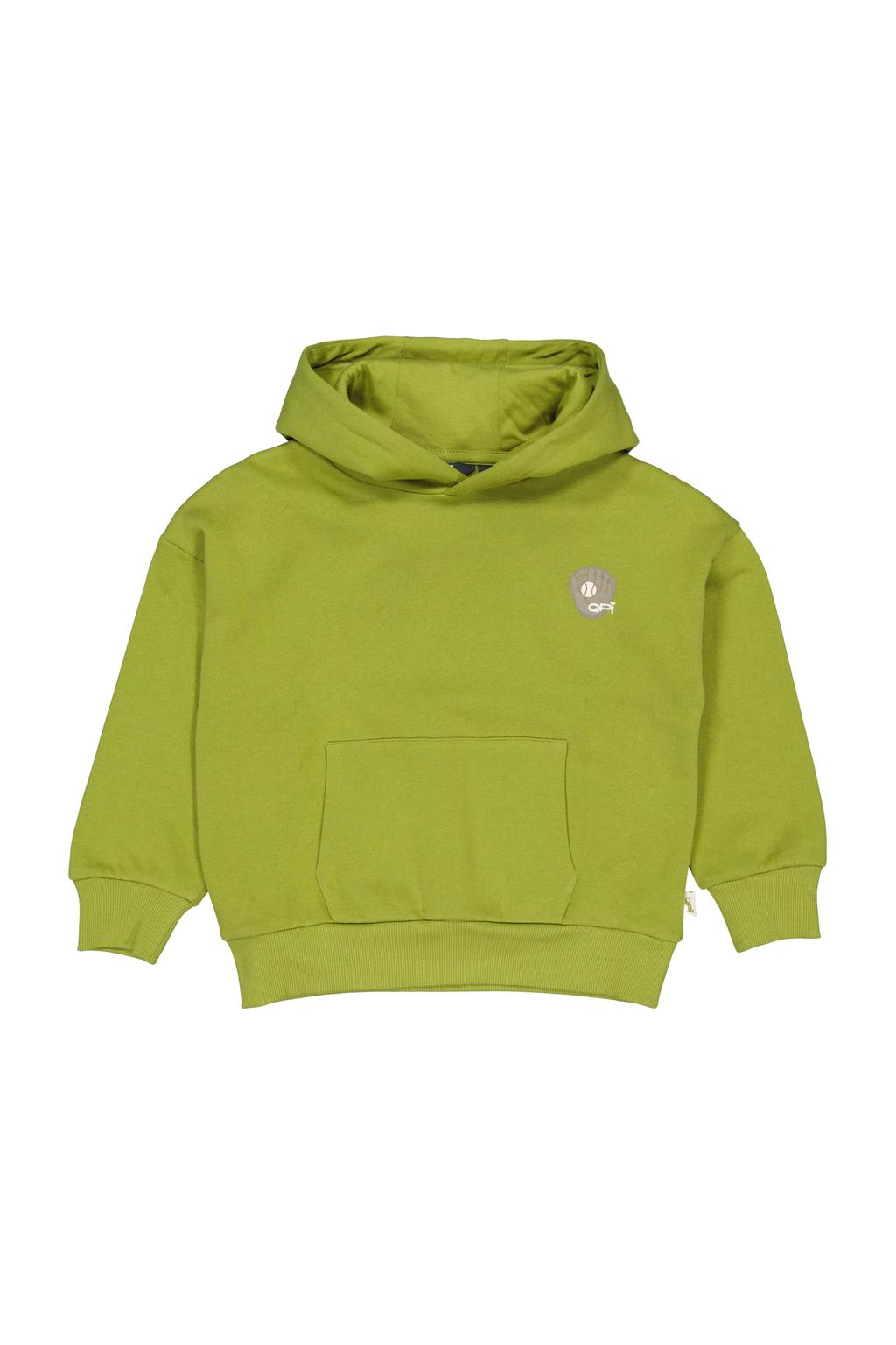 Groene jongens QPI hoodie van sweat materiaal met backprint, lange mouwen en capuchon