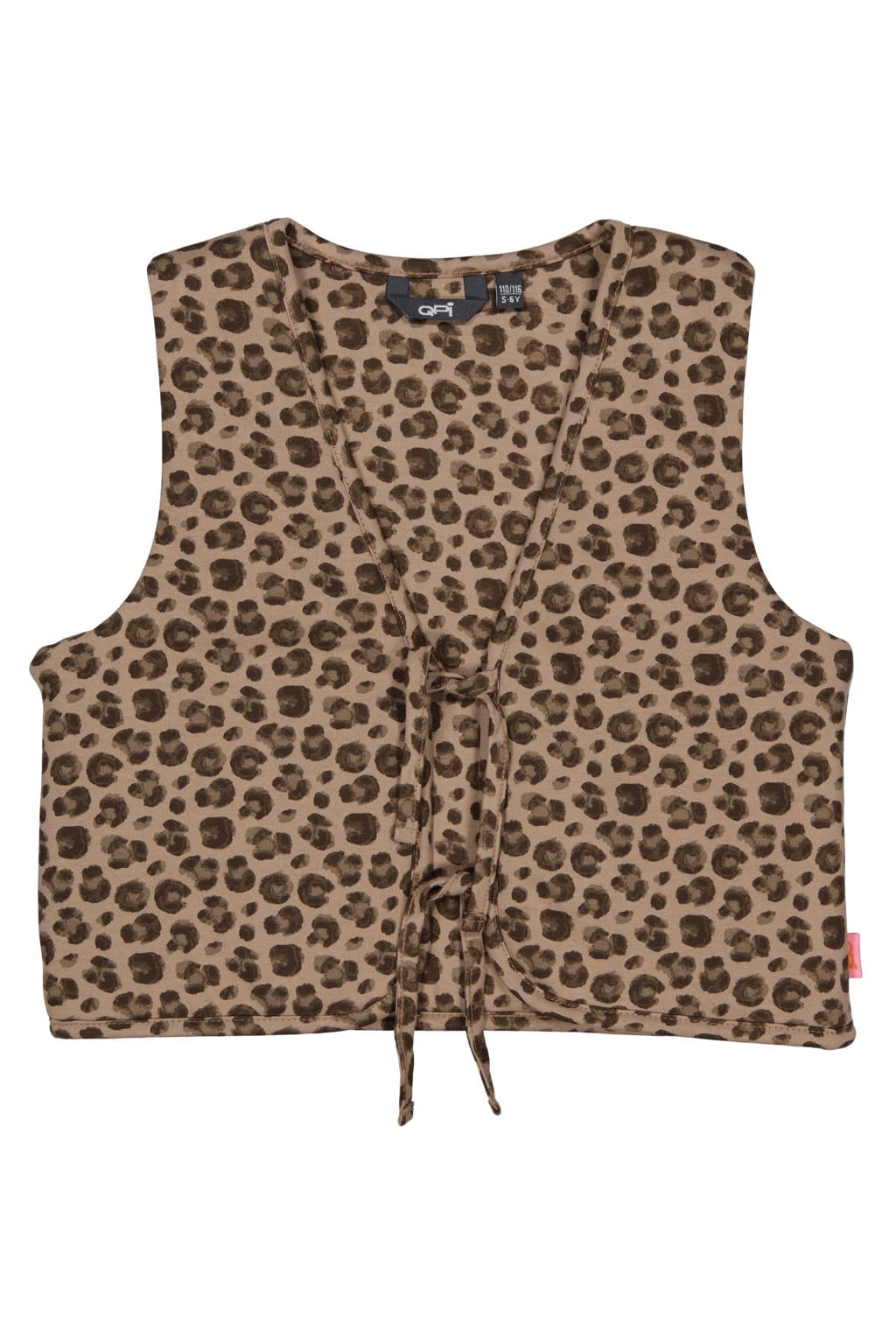 Bruine meisjes QPI gilet van katoen met panterprint, V-hals en striksluiting