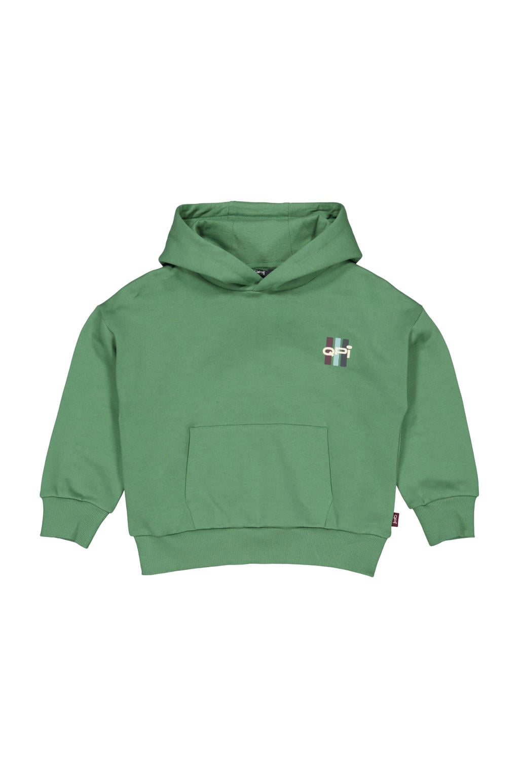 Groene jongens QPI hoodie van sweat materiaal met backprint, lange mouwen en capuchon