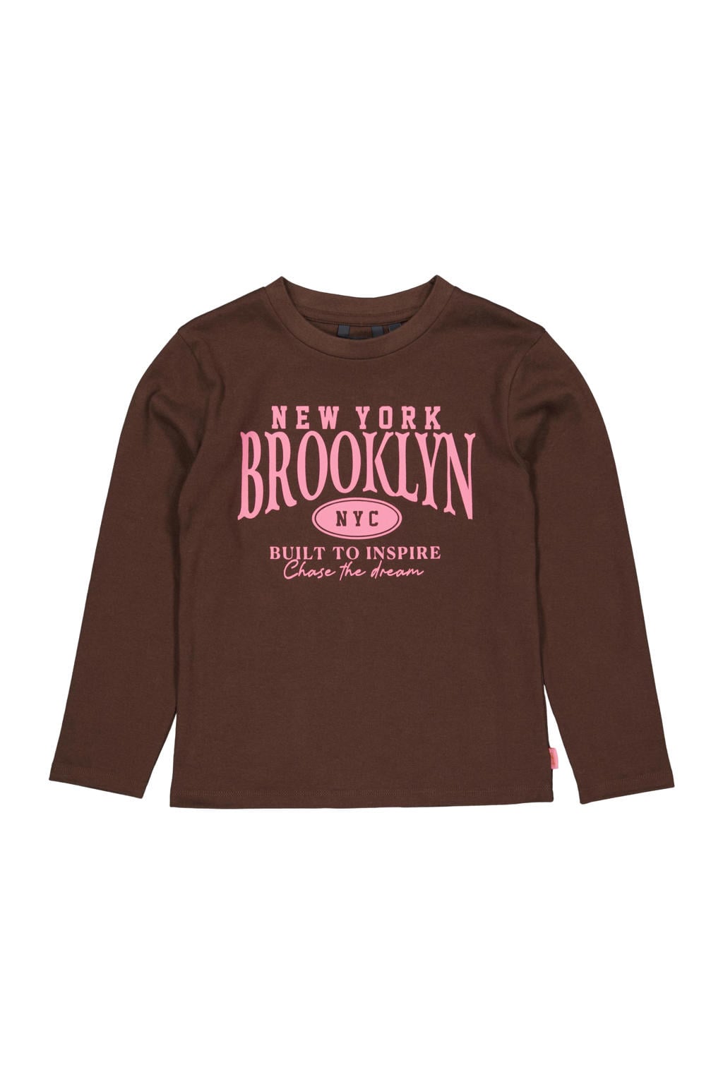 Bruine meisjes QPI longsleeve van katoen met tekst print, lange mouwen en ronde hals