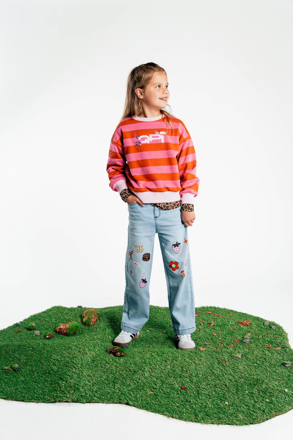 Roze en oranje meisjes QPI gestreepte sweater van katoen met lange mouwen en ronde hals