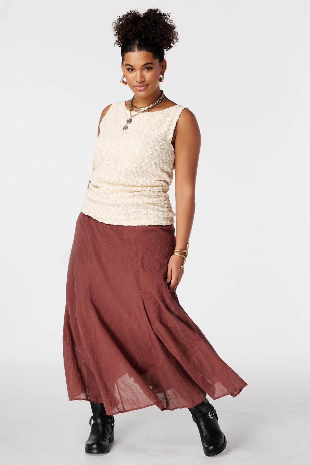 MS Mode midi ballonrok Plus Size - bruin