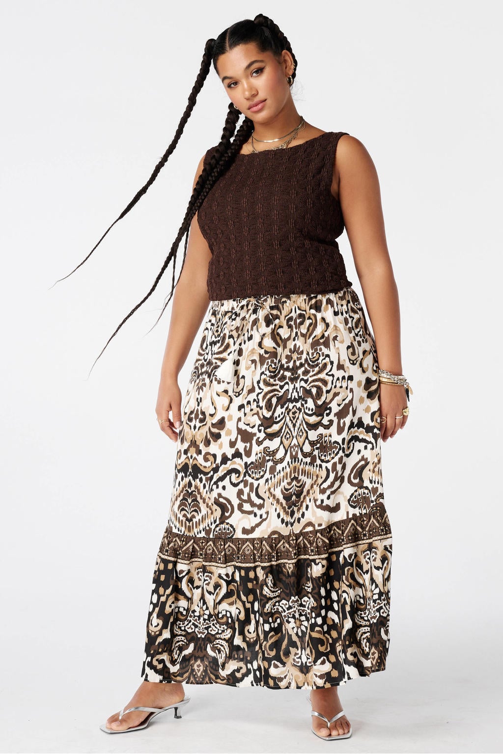 MS Mode viscose uitlopend plooirok Plus Size - bruin