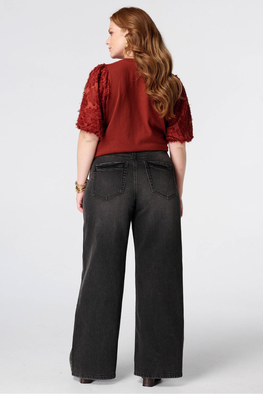 Black denim dames MS Mode wide leg jeans Plus Size van denim met high waist, rits- en knoopsluiting en effen