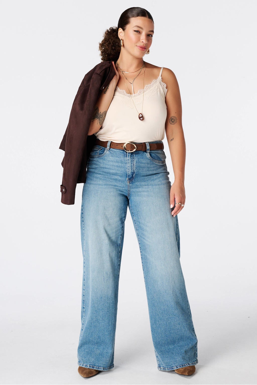 Medium blue denim dames MS Mode high waist wide leg jeans Plus Size mediumblauw van denim met rits- en knoopsluiting en effen