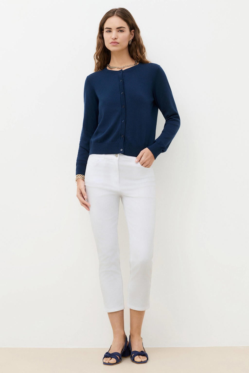 Donkerblauwe dames Caroll top met effen, lange mouwen en ronde hals