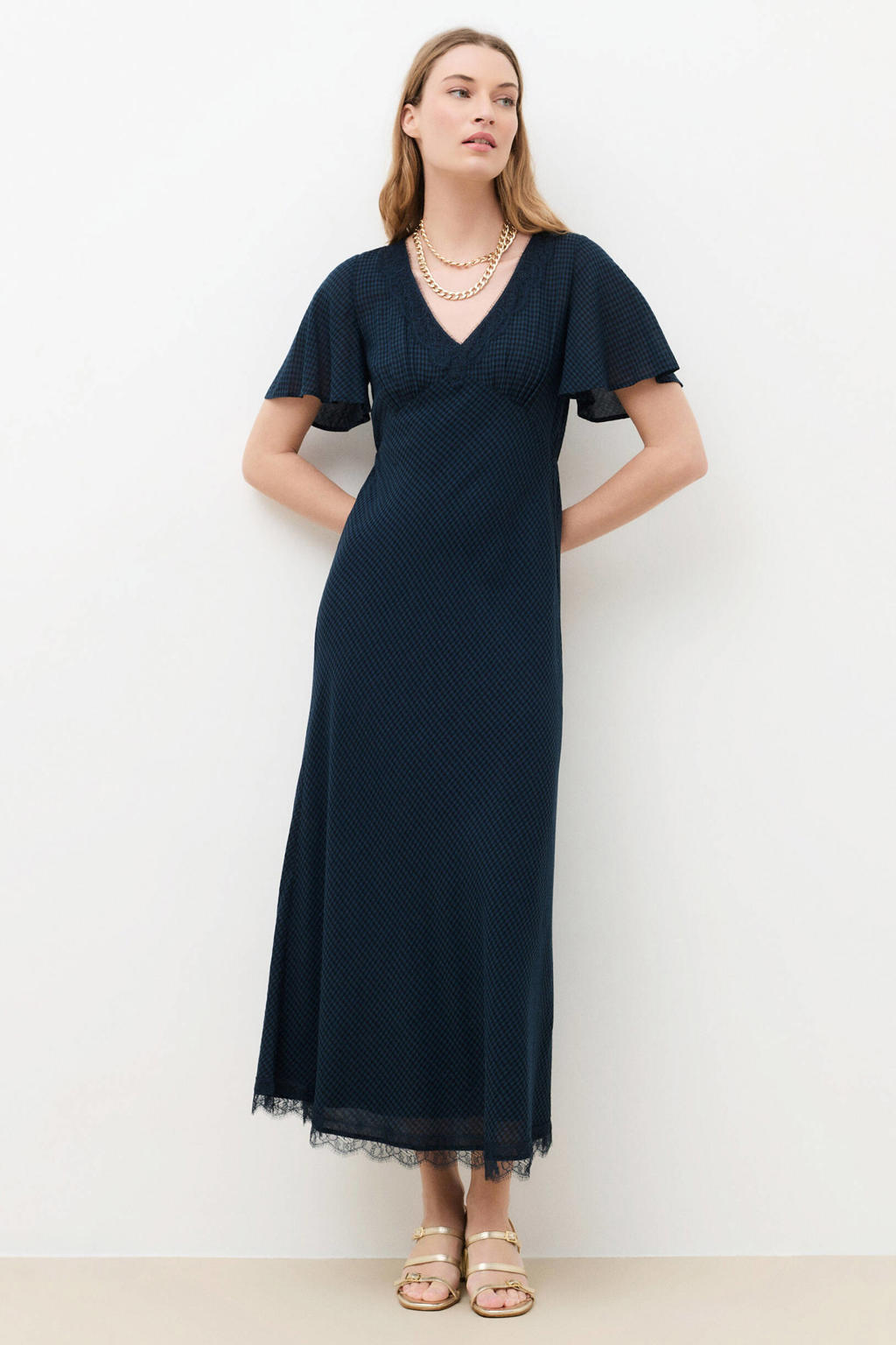 Marineblauw dames Caroll midijurk blauw van viscose met effen, korte mouwen, V-hals, ritssluiting en kant