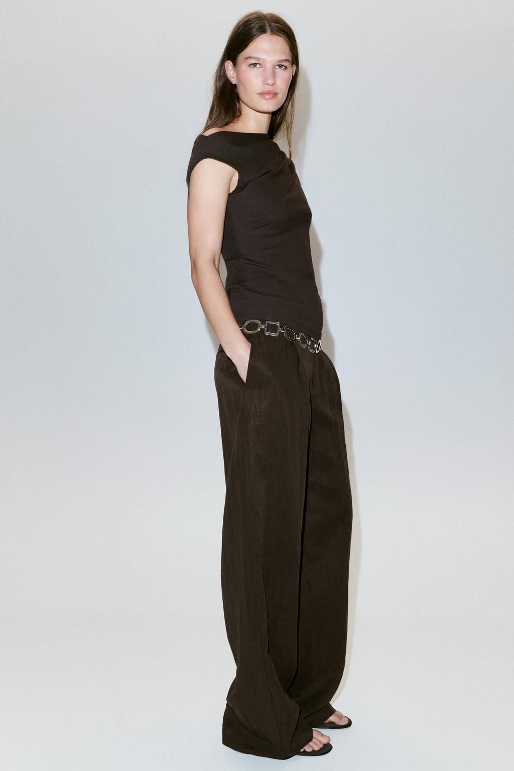 Bruine dames Mango top van modal met effen, korte mouwen en off shoulder hals