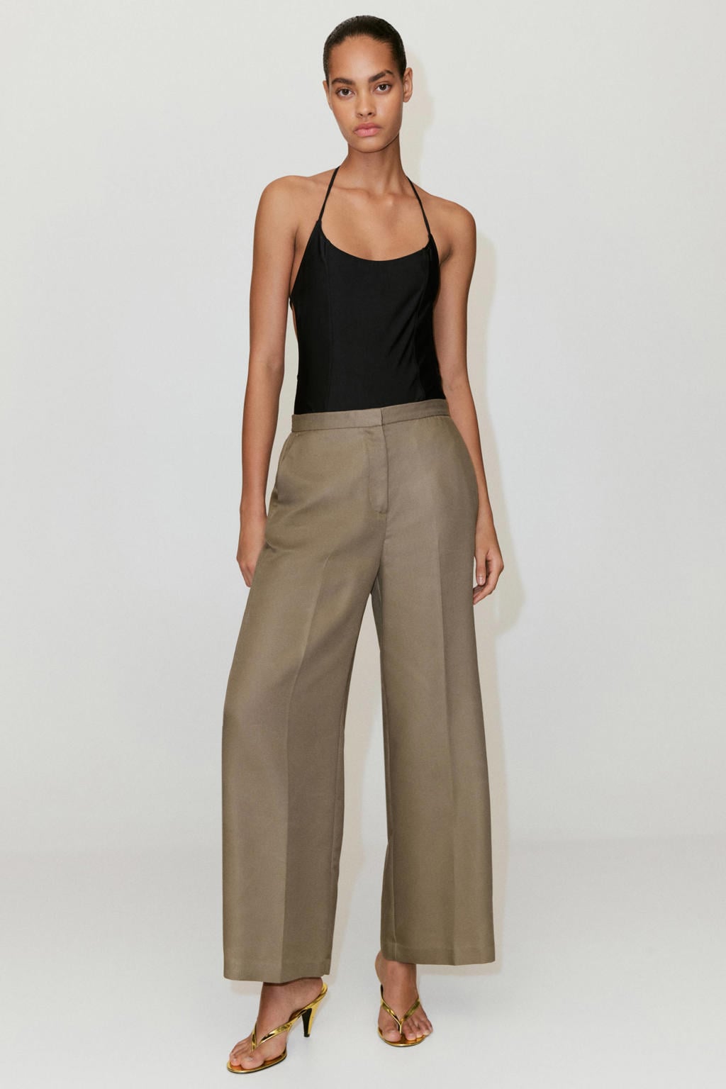 Beige dames Mango lyocel vezel wide leg broek met rits, haak- en knoopsluiting en effen