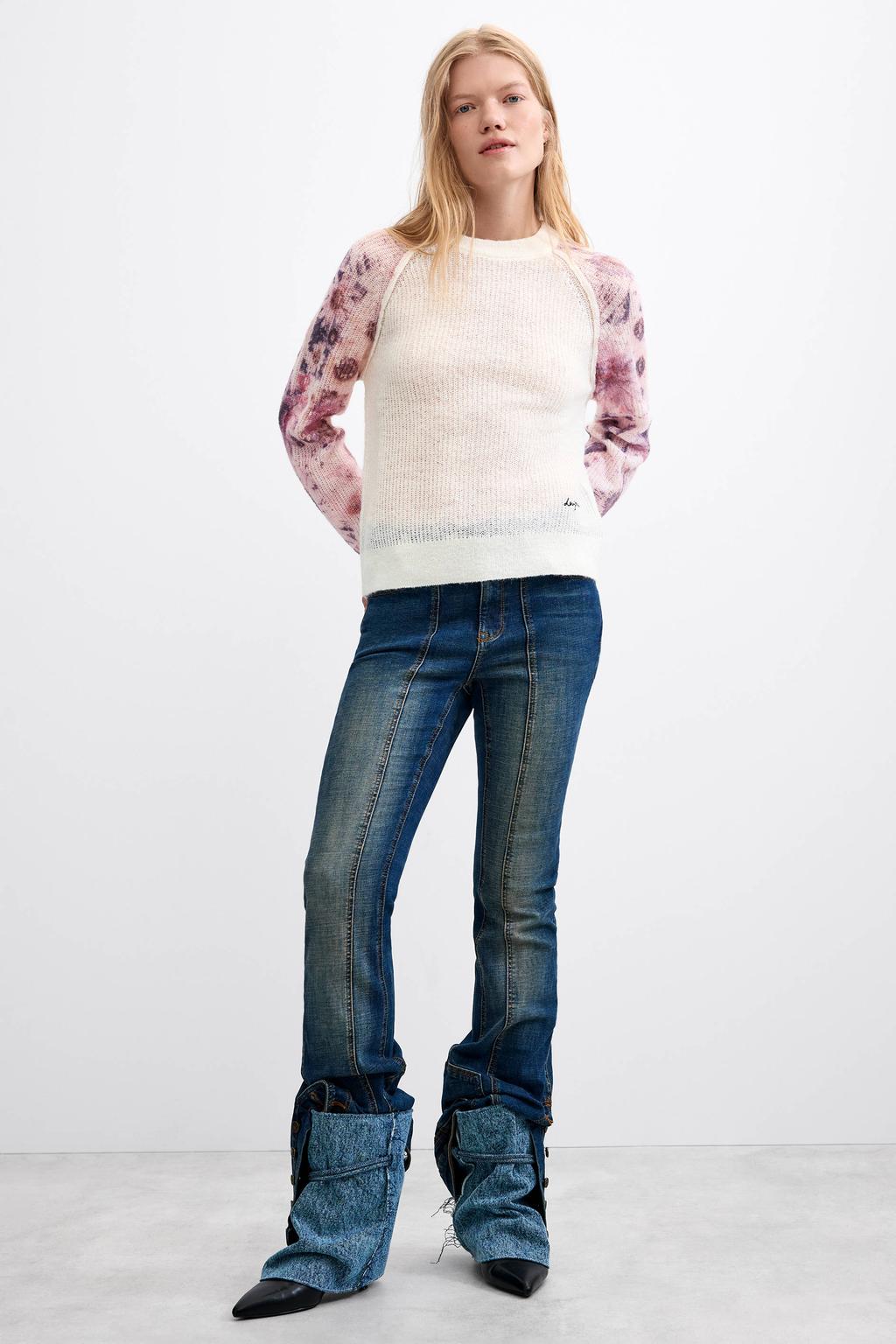 Ecru en roze dames Desigual gebreide trui van polyamide met effen, lange mouwen en ronde hals