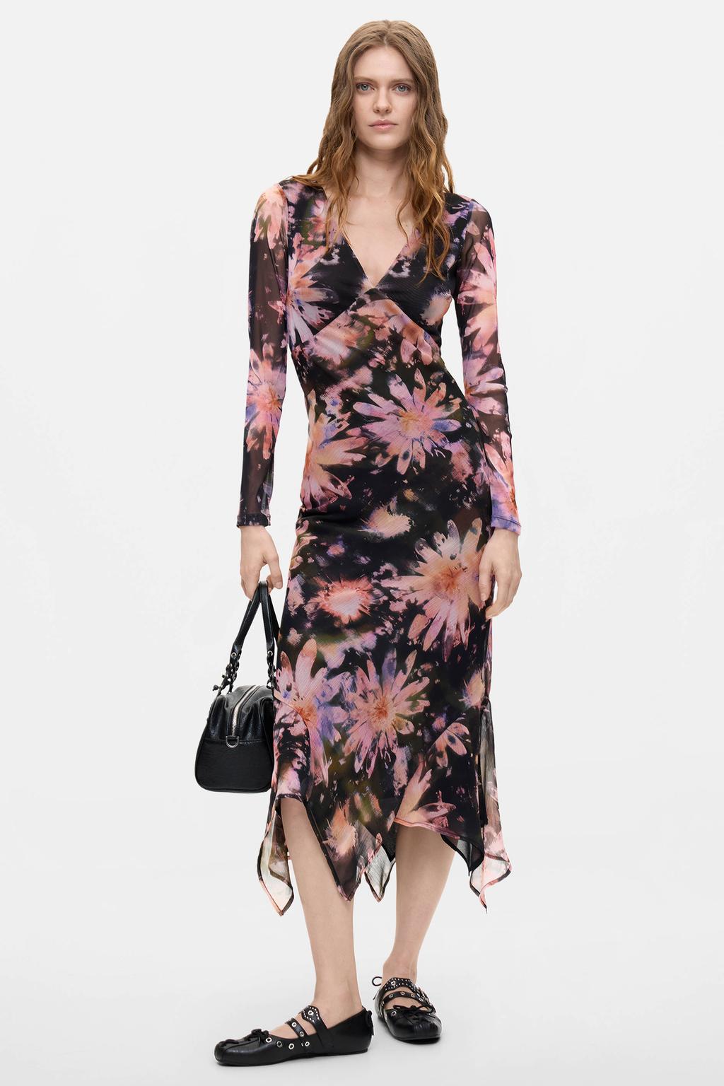 Multikleurige dames Desigual midi jurk meerkleurig van polyester met lange mouwen en V-hals