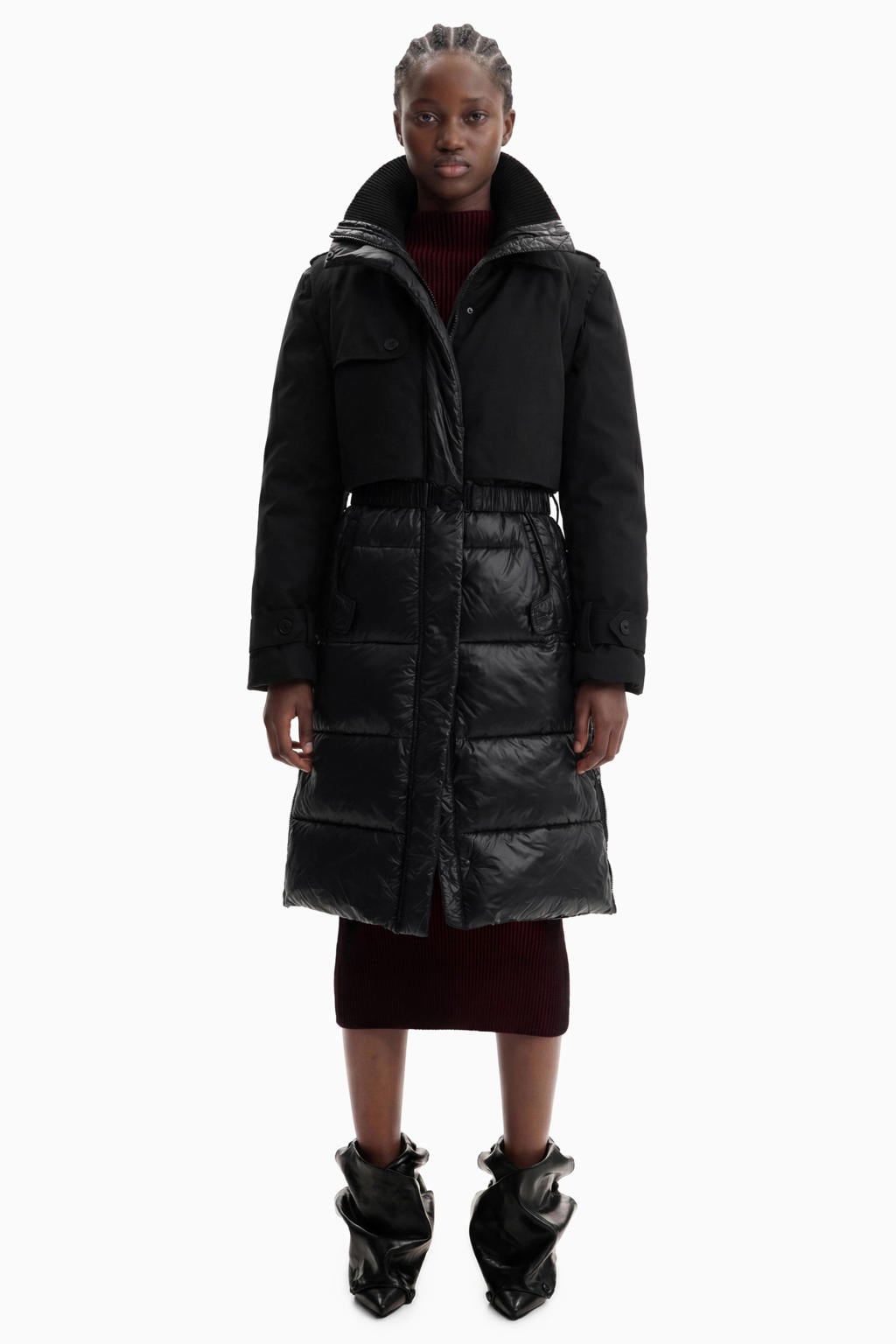 Zwarte dames Desigual winterjas van polyester met effen, lange mouwen, klassieke kraag en ceintuur