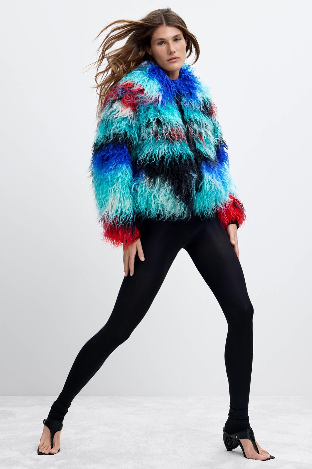 Blauw en rode dames Desigual imitatiebont winterjas met lange mouwen en reverskraag