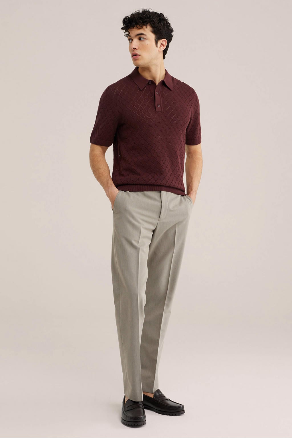 Donkerrode heren WE Fashion regular fit geruite gebreide polo van katoen met korte mouwen