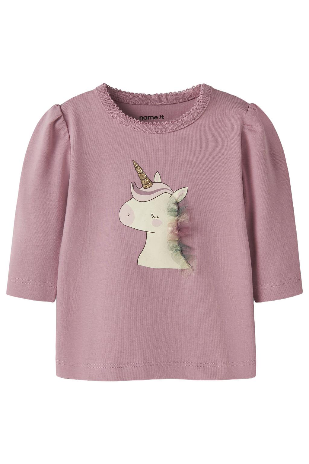 Roze meisjes NAME IT BABY katoenen T-shirt met printopdruk, lange mouwen en ronde hals