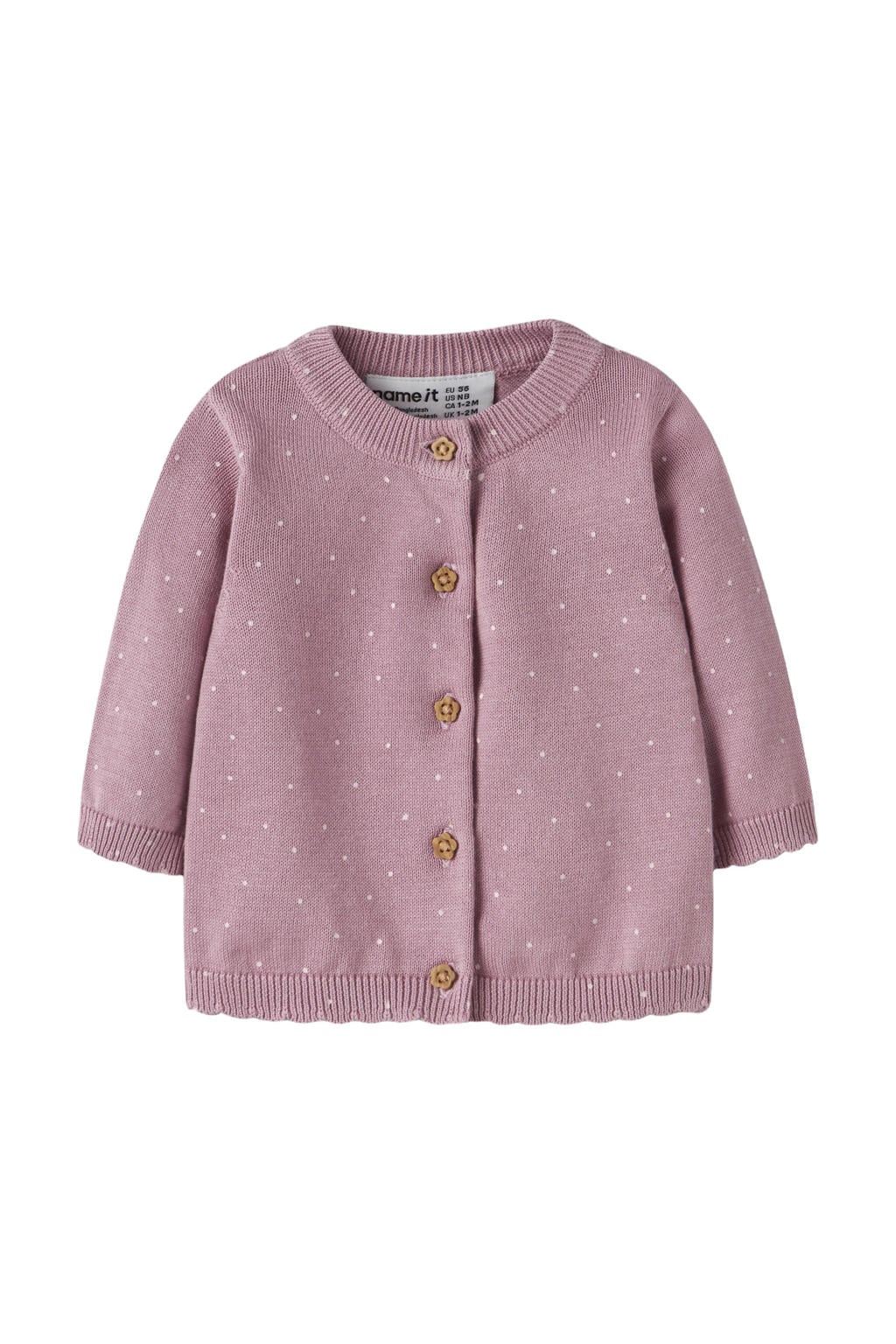 Lilakleurige meisjes NAME IT BABY katoenen rechtvallend gebreide vest met stippenprint, lange mouwen, ronde hals en knoopsluiting