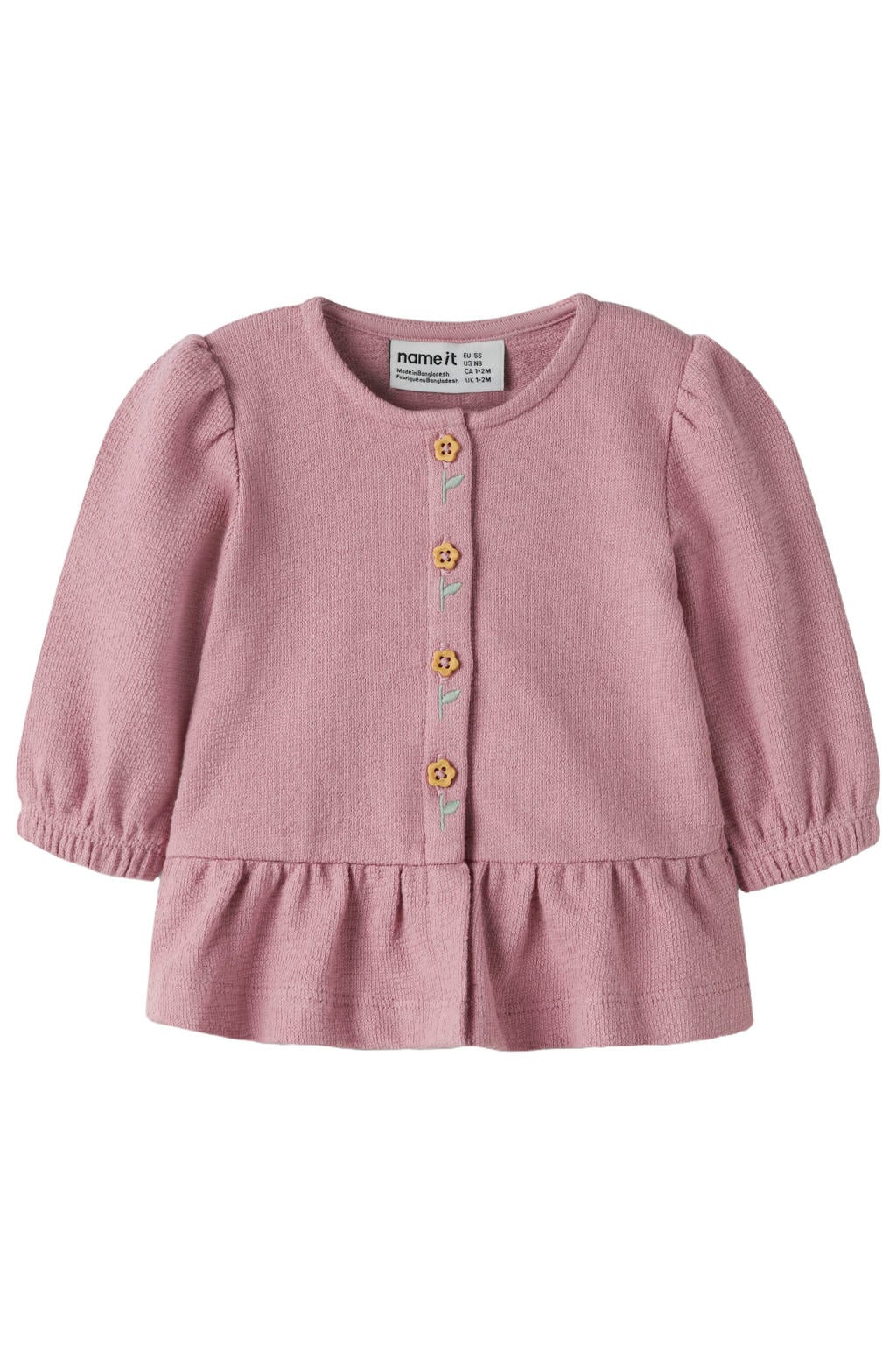 Lilakleurige meisjes NAME IT BABY rechtvallend gebreide vest van katoen met effen, half lange mouwen, ronde hals, knoopsluiting en borduursels