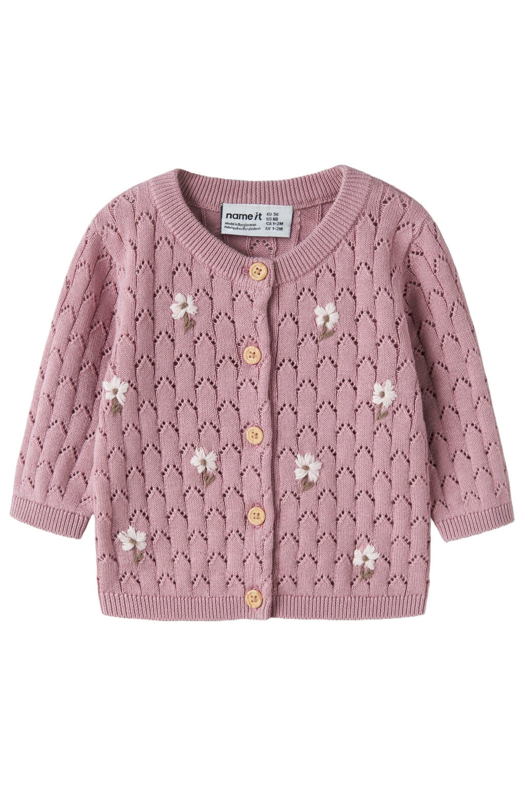 Lilakleurige meisjes NAME IT BABY katoenen rechtvallend gebreide gebloemd vest met lange mouwen, ronde hals, knoopsluiting en borduursels