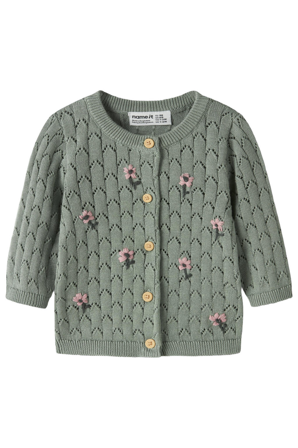 Groene meisjes NAME IT BABY katoenen rechtvallend gebloemd gebreide vest met lange mouwen, ronde hals, knoopsluiting en borduursels